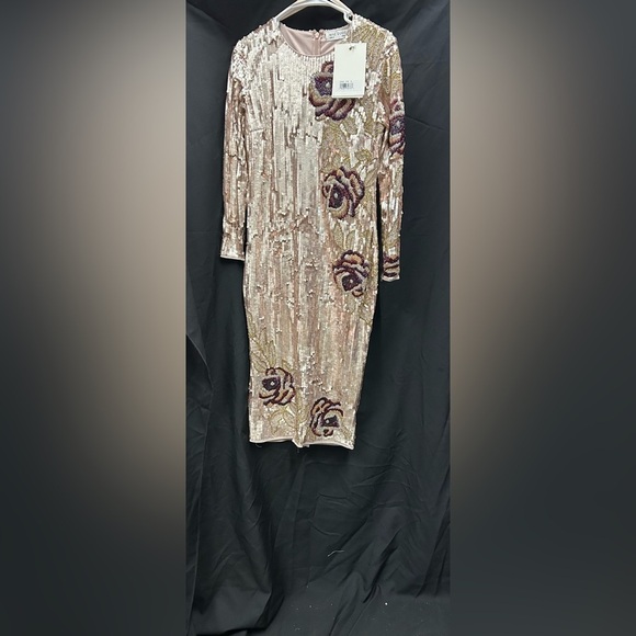 Mac Duggal 93624 NWT Sequin Asymmetrical Floral Long Sleeve Midi Dress - Picture 4 of 7